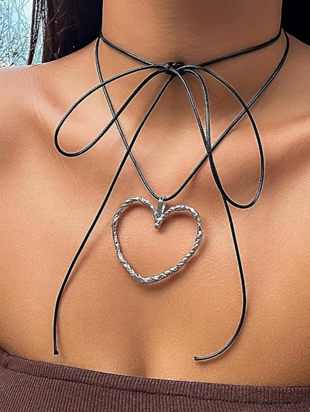 Silver Heart Pendant on Black Wrap Choker - Elegant Women's Necklace. NWT
